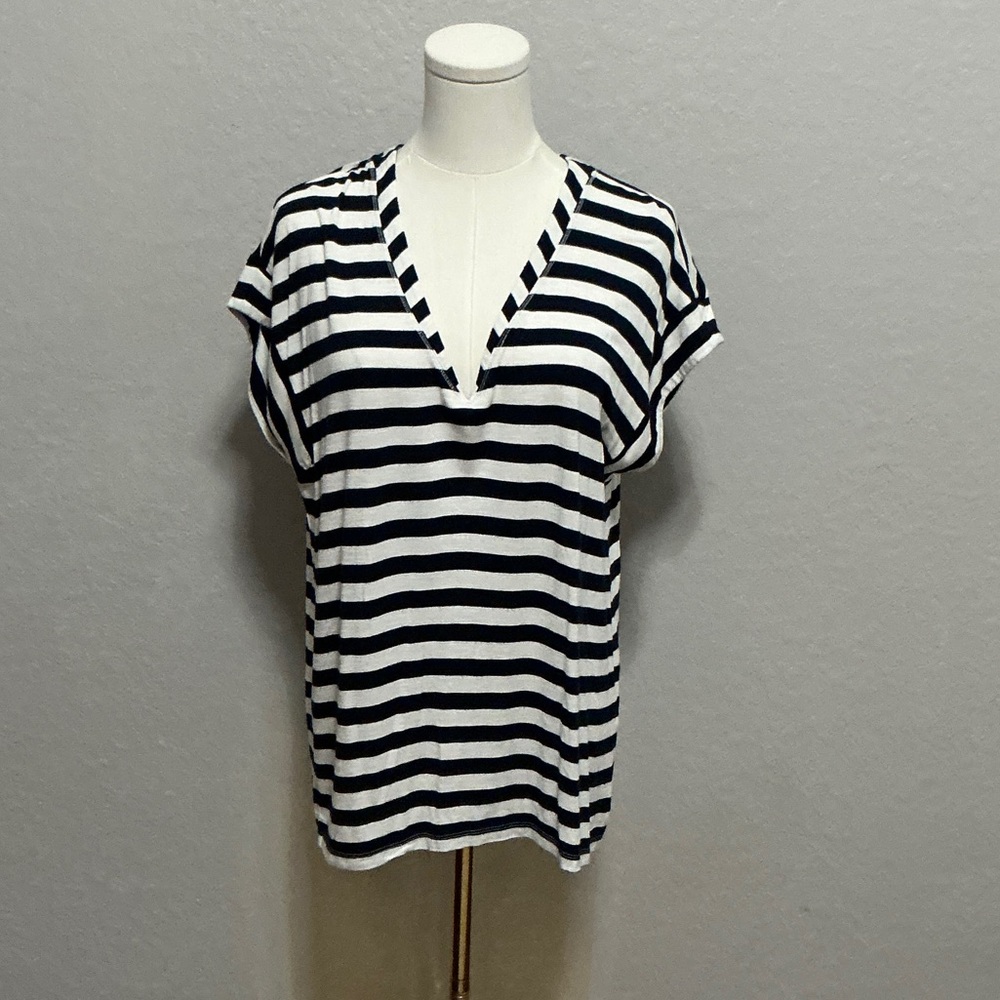 White House Black Market Black and White Striped V-Neck Short Sleeve Top